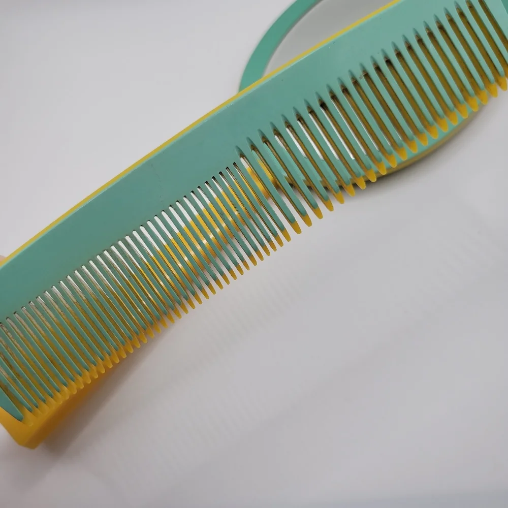 VTG Vanity Set | Mirror & Comb | Blue & Yellow | Dupont | Made in the USA